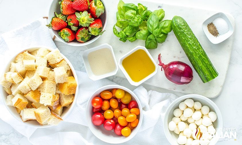 ingredients for panzanella salad with strawberries