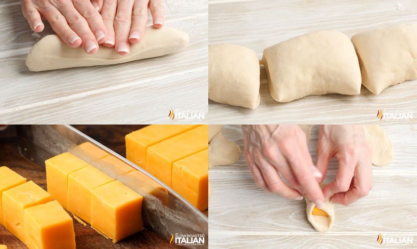 process shots of wrapping dough around cubes of cheese