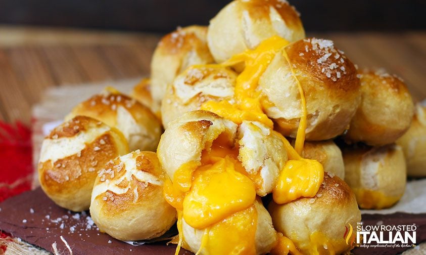 pile of pretzel bites with cheese oozing out