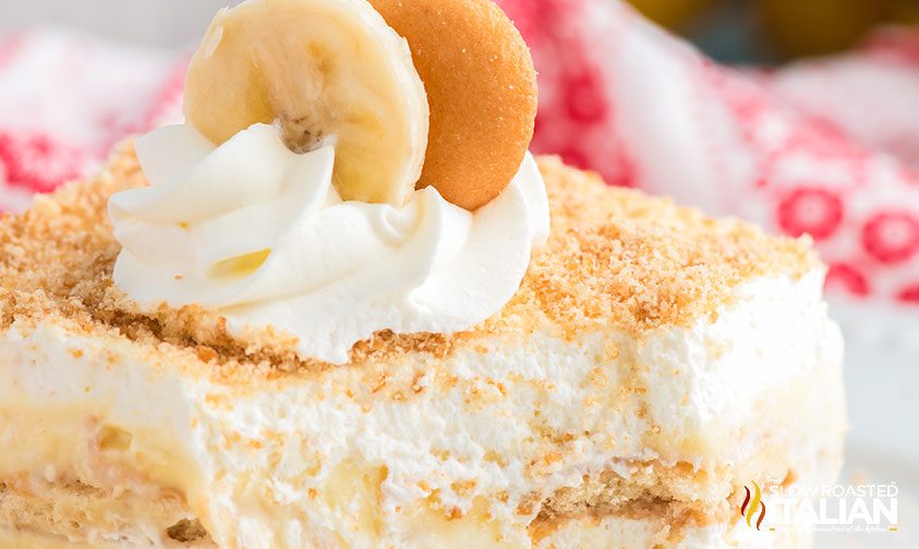 side view of a slice of banana pudding icebox cake