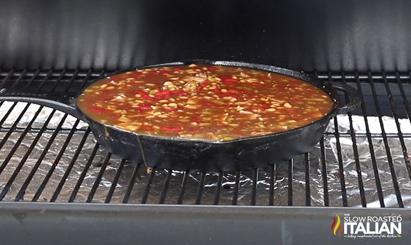 smoking baked beans in cast iron pan