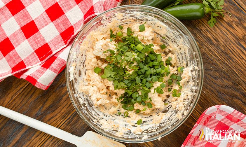 bowl of jalapeno popper filling topped with green onions