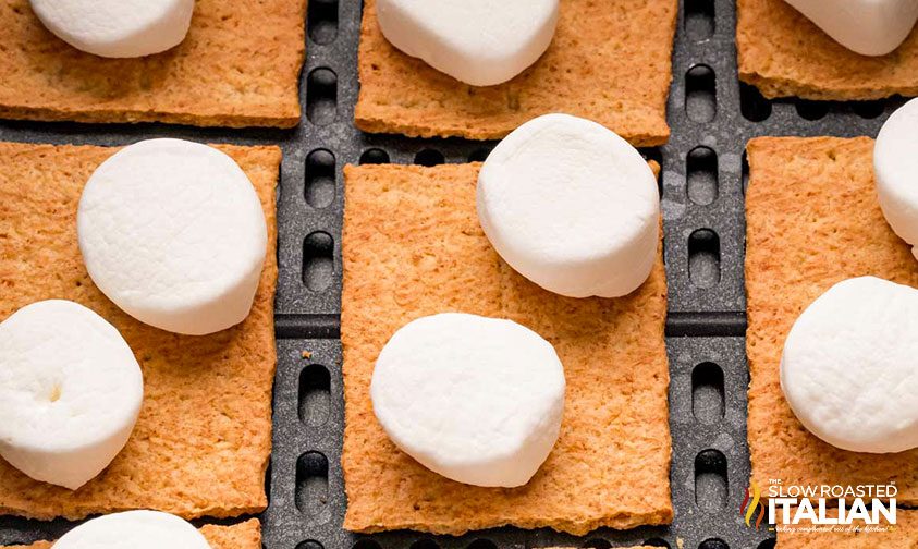 sliced jumbo marshmallows on graham crackers in air fryer