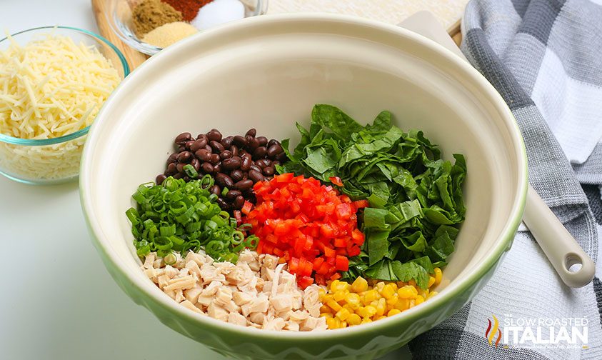 bowl of filling ingredients for southwestern egg rolls