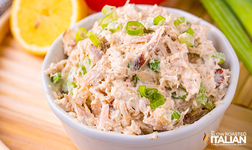 bowl of chicken salad made with rotisserie chicken