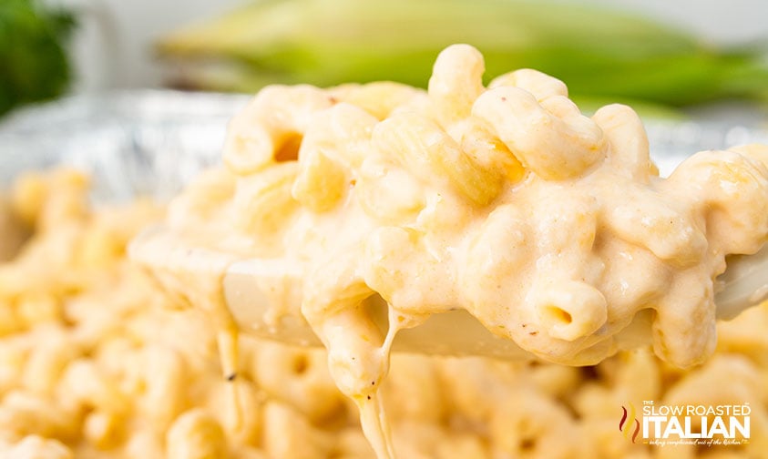 extreme closeup of smoked macaroni and cheese