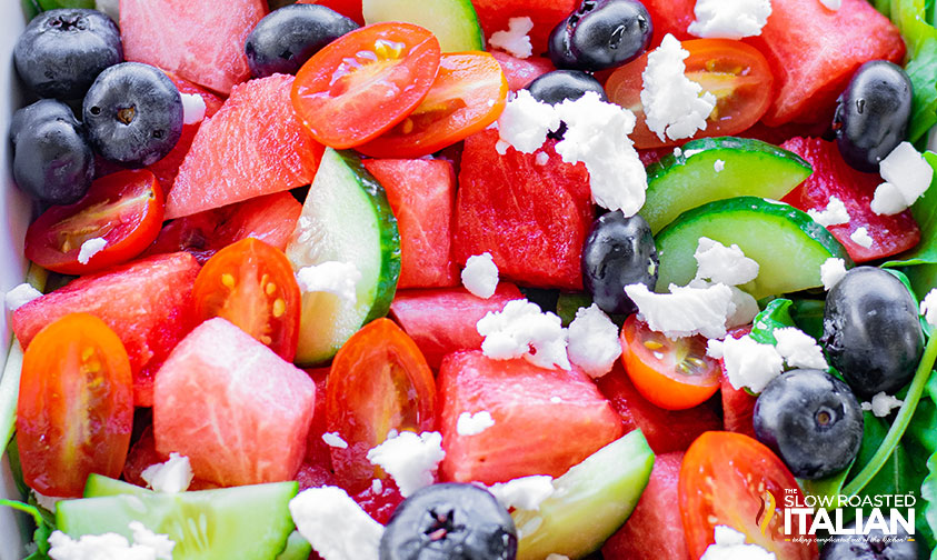 closeup of watermelon feta salad