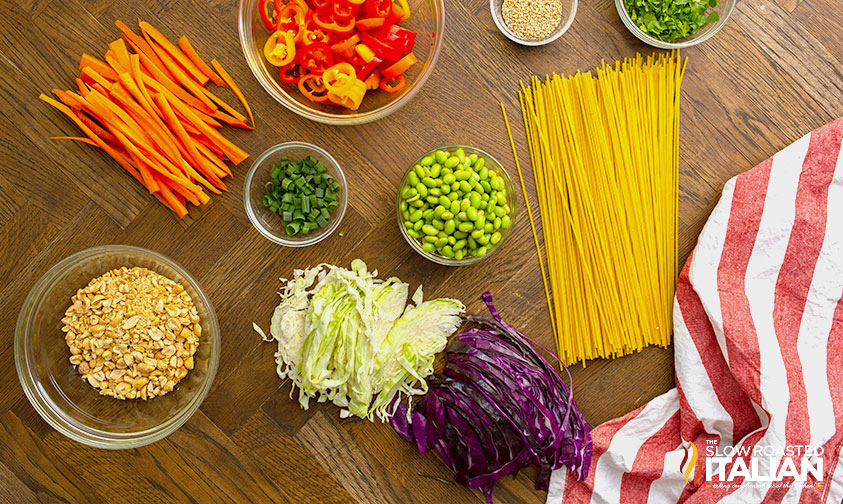 dry spaghetti with chopped veggies and peanuts