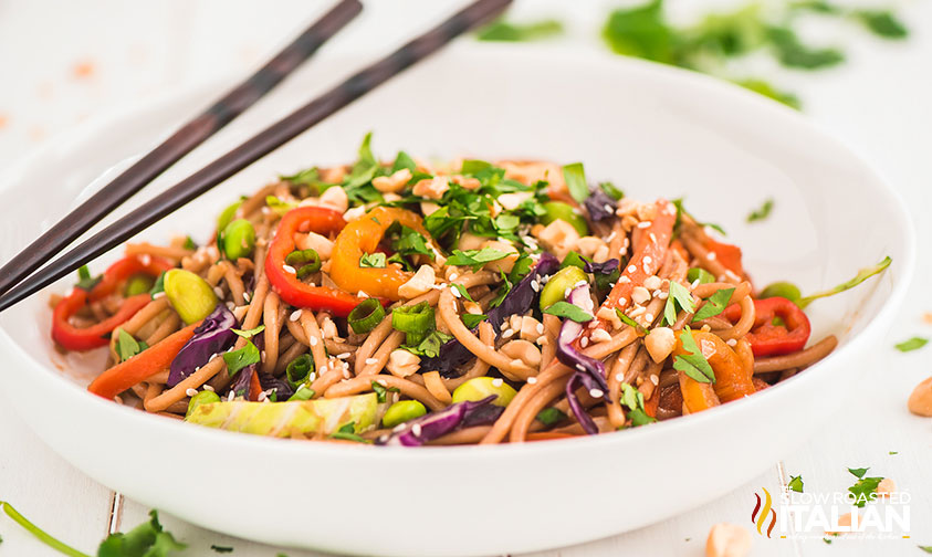 low bowl of asian noodle dish with chopsticks