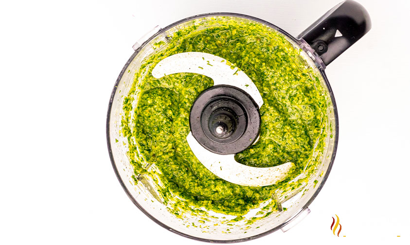 blended pesto sauce in food processor