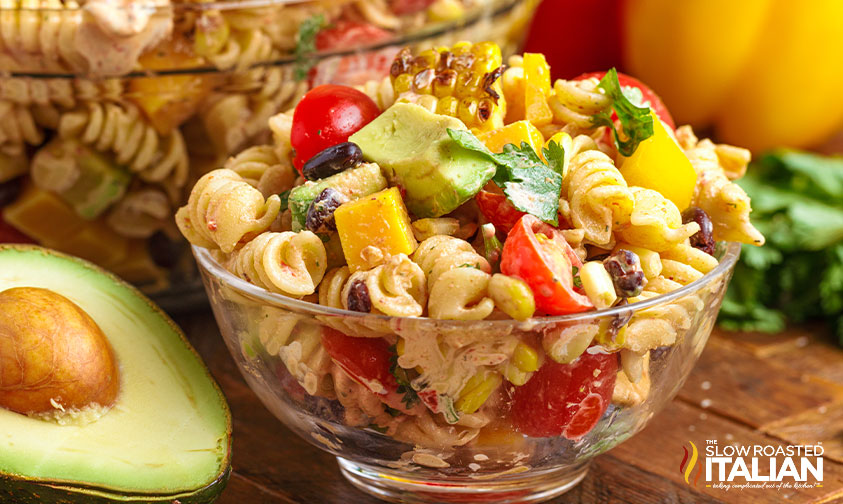 serving of southwest pasta salad next to larger bowl