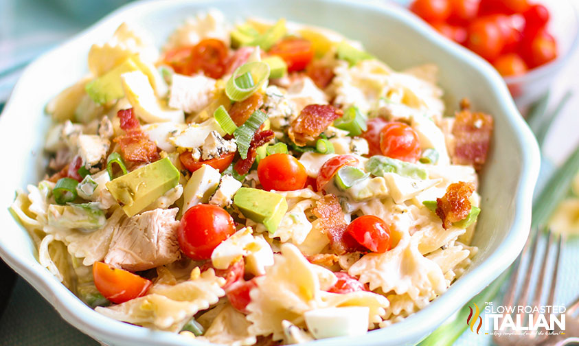 cobb pasta salad in blue bowl