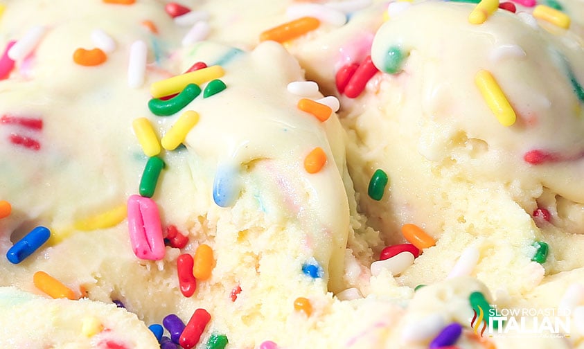 close up: cake batter ice cream with rainbow sprinkles