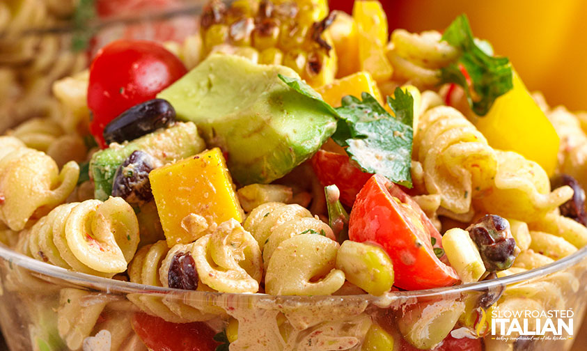 close up: southwest pasta salad with creamy dressing