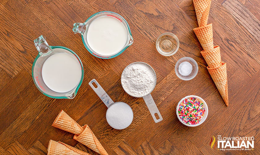 sugar cones surrounding ingredients to make cake batter ice cream