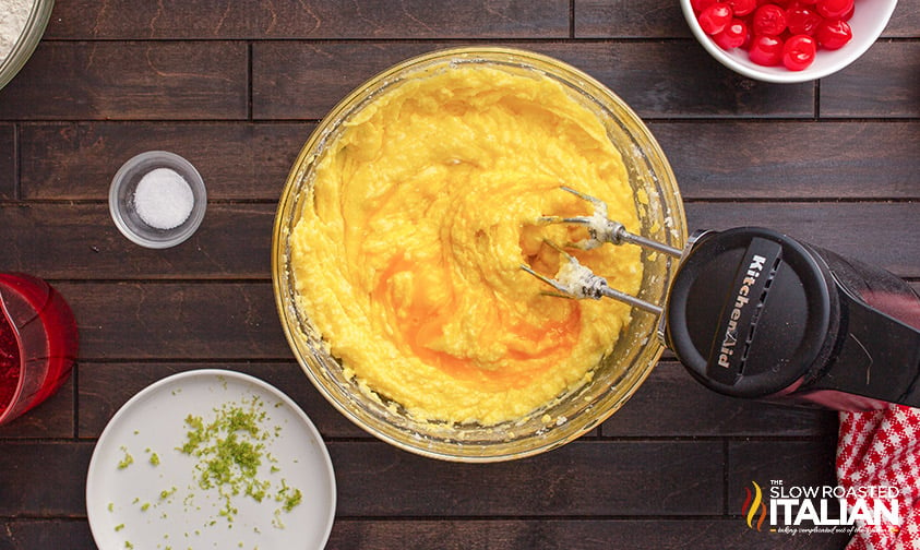 mixing cake batter with hand mixer