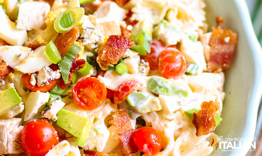 close up: chicken cobb salad with bowtie pasta