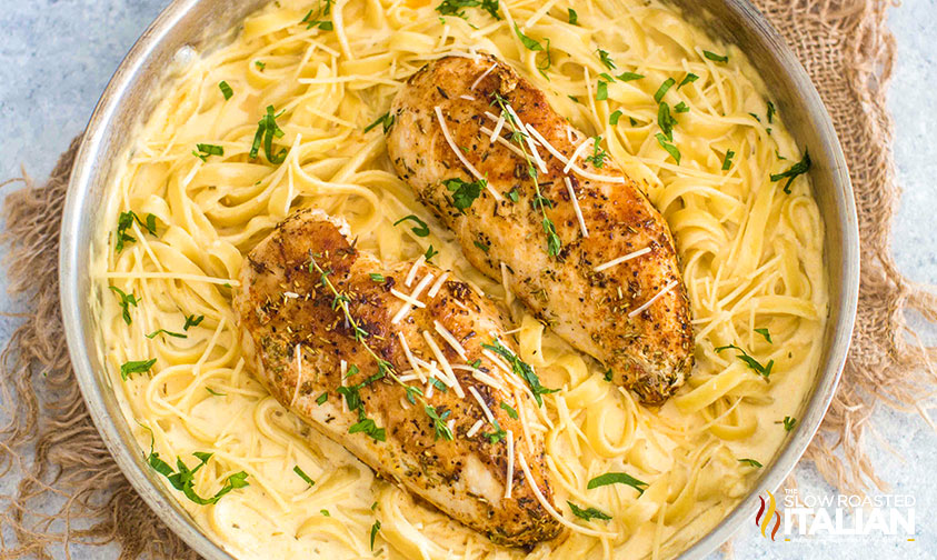 overhead: chicken lazone in wide skillet