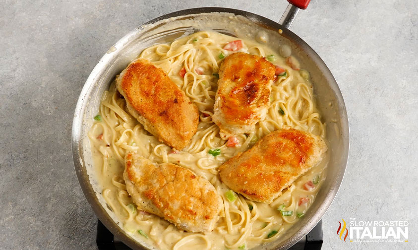 browned chicken and pasta with wine sauce in skillet