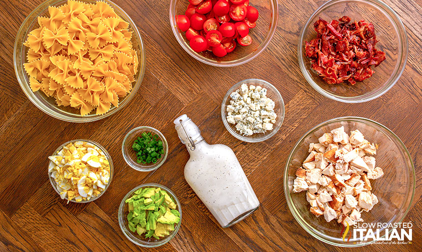 ingredients to make chicken cobb pasta salad