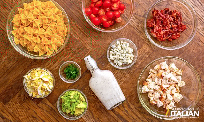measured ingredients to make chicken cobb pasta salad