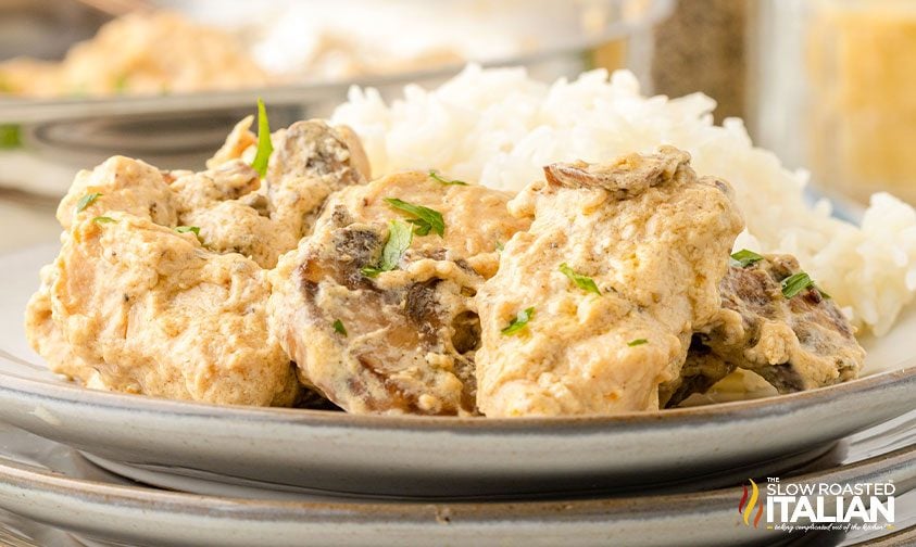 chicken with creamy mushroom sauce on a plate with rice