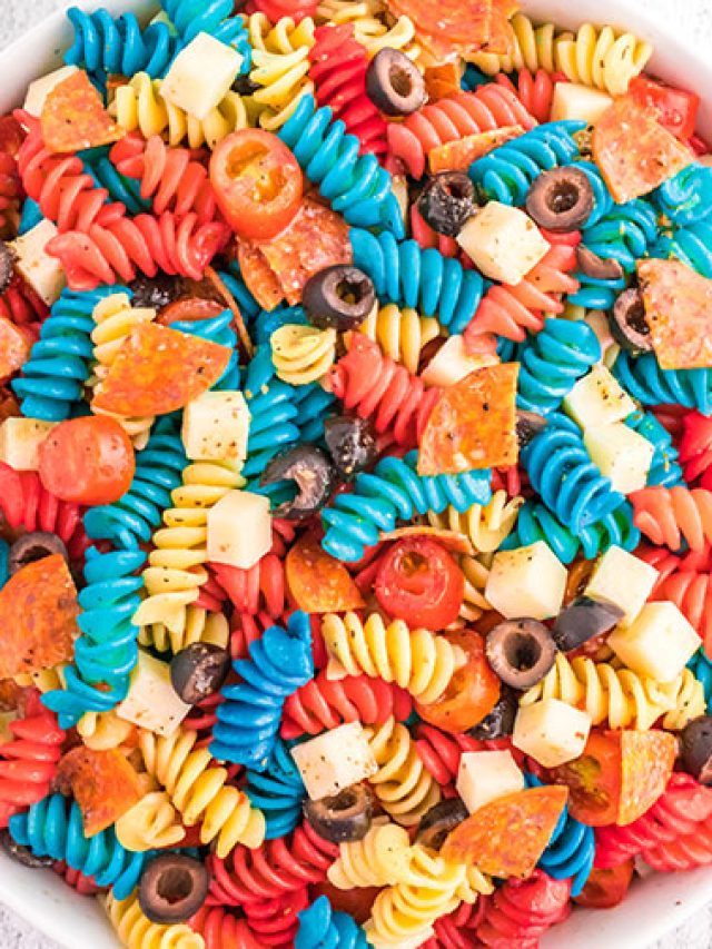 overhead: red white and blue pasta salad