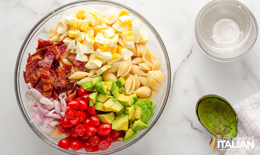 pasta salad ingredients in a large bowl