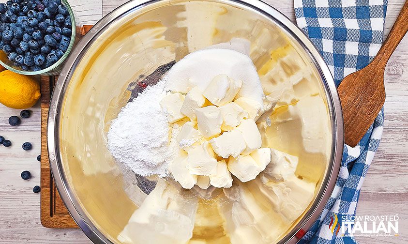 lemon cheesecake batter ingredients in a bowl