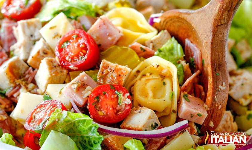 tortellini pasta salad with meat, cheese, and veggies