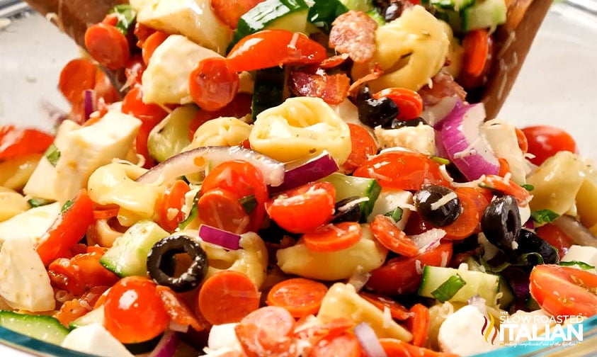 close up of pizza pasta salad with tortellini