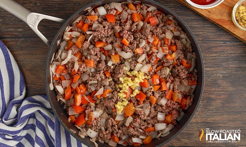 ground beef, onion, bell pepper, and garlic in skillet