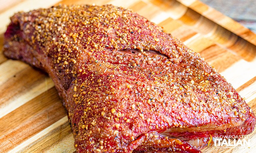 close up: smoked tri tip on cutting board