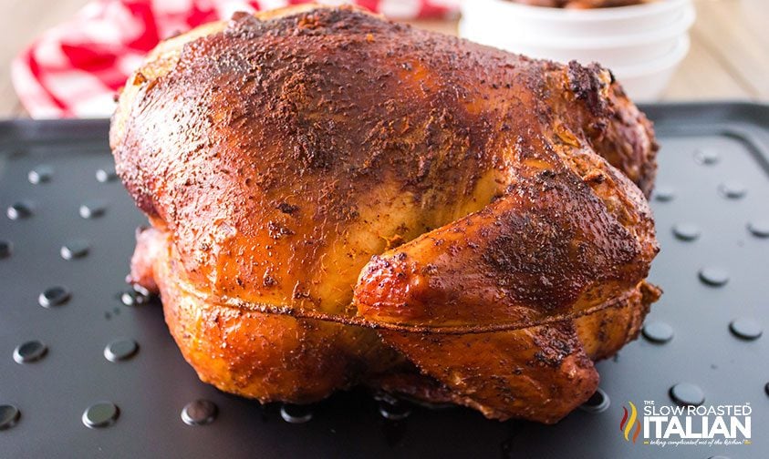 smoked whole chicken on metal tray