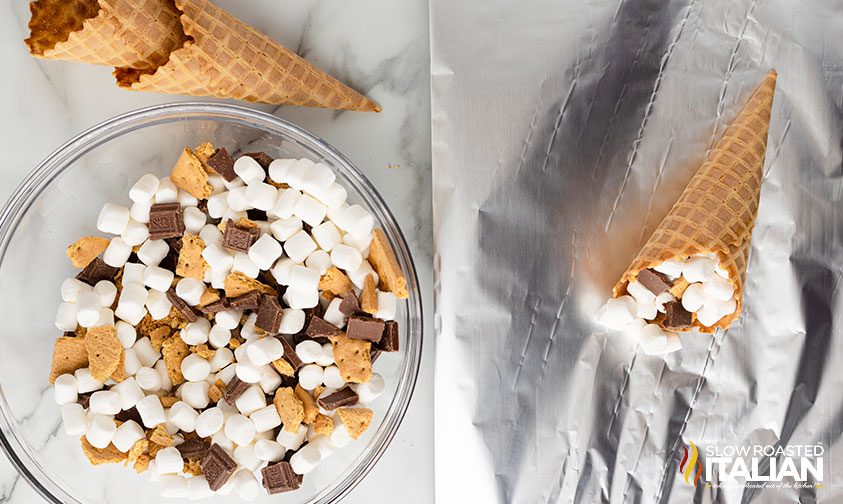 collage: waffle cones and bowl of filling; filled cone on aluminum foil