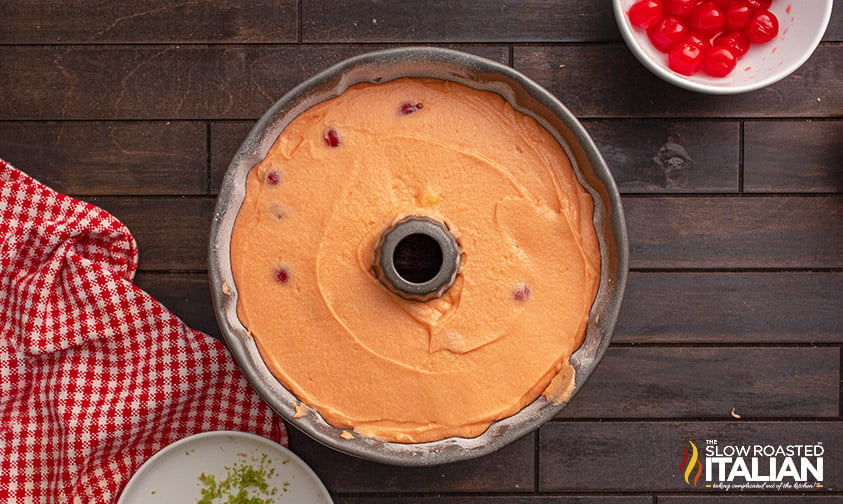 cherry limeade cake batter in bundt pan