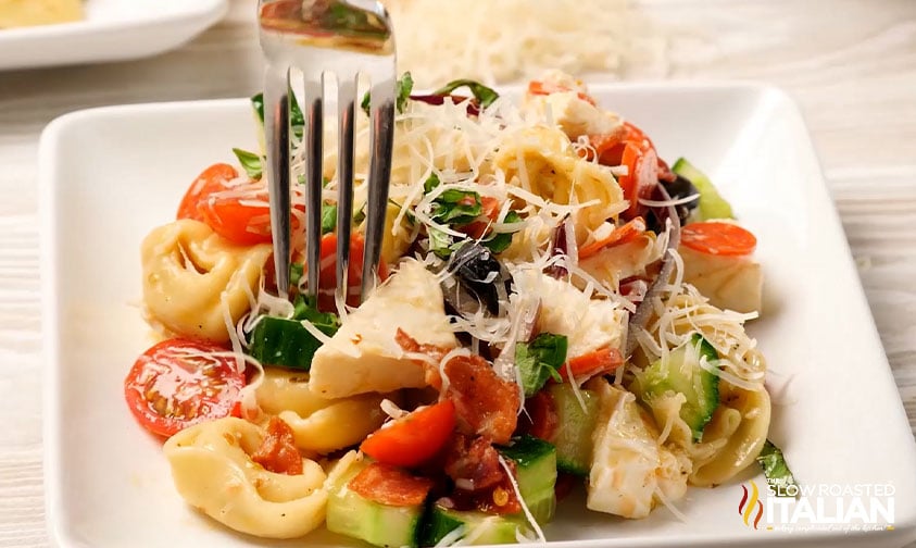 spearing tortellini pasta salad with a fork