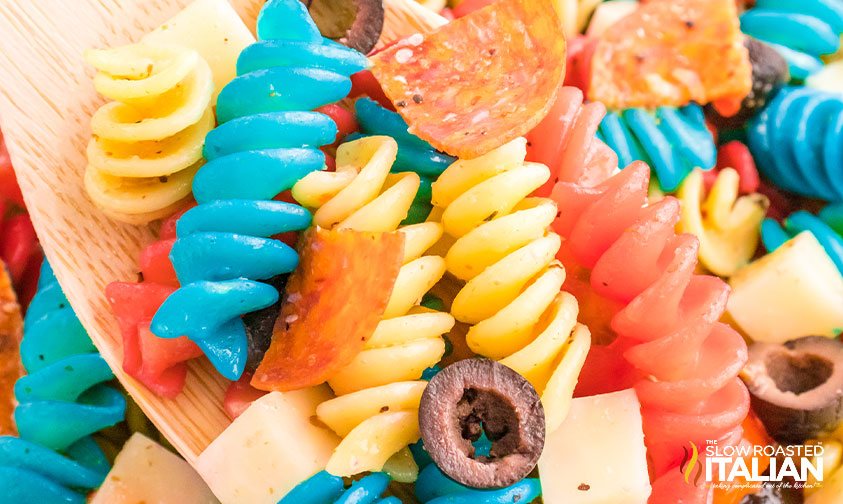 close up: red white and blue pasta salad