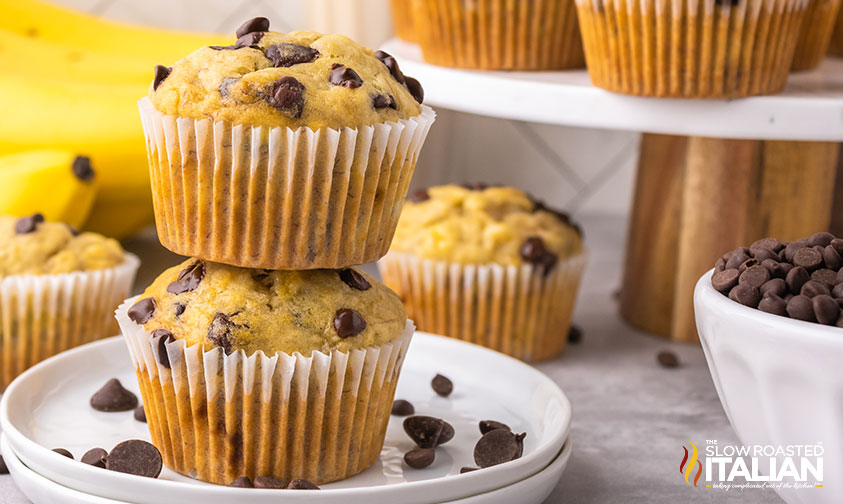 stacked banana chocolate chip muffins