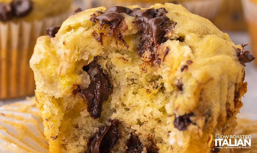 closeup of banana chocolate chip muffin