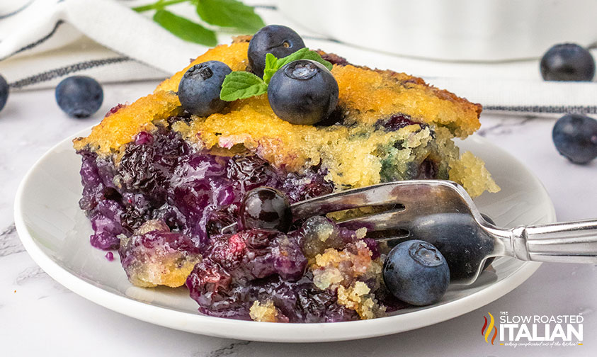 blueberry cobbler on a plate with fresh blueberries on top
