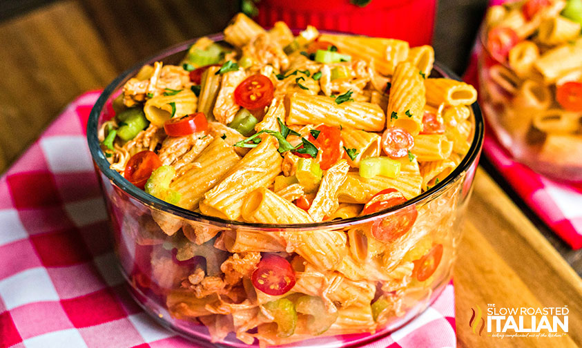 bowl of buffalo chicken pasta salad