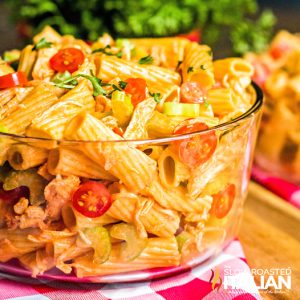 buffalo chicken pasta salad in glass bowl