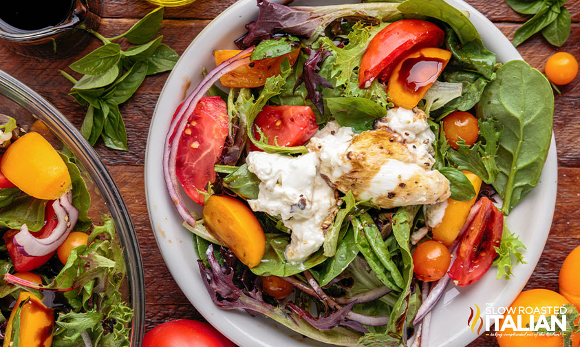 top view of burrata caprese salad