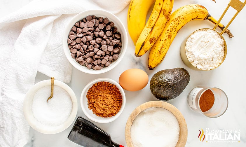 ingredients for chocolate avocado banana bread