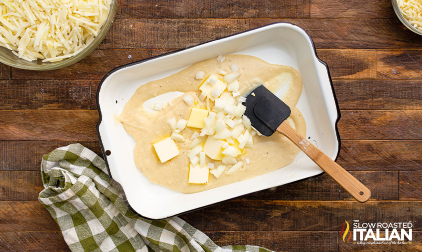 butter, onions, and slurry in baking dish