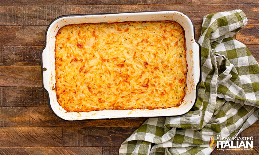 cracker barrel hash brown casserole in white baking dish