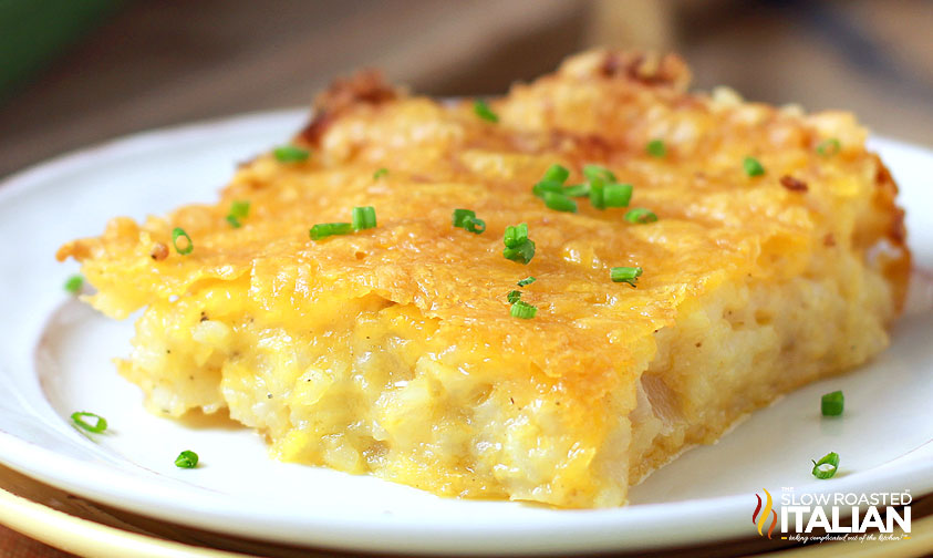 hashbrown casserole cheesy square on a plate