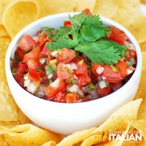 pico de gallo in white bowl with chips