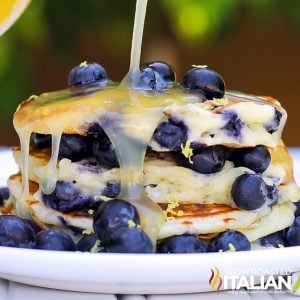 stack of 3 blueberry lemon buttermilk pancakes